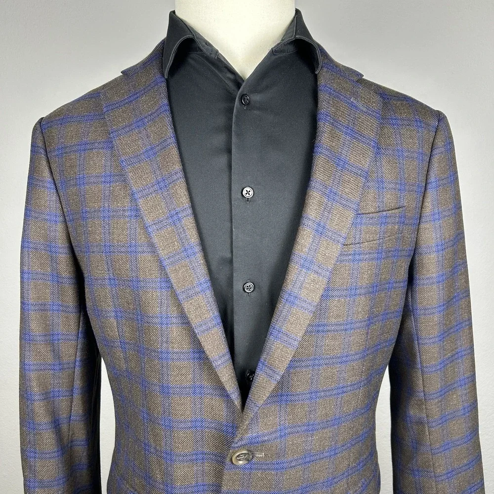 Stafford Men's Sport Coat Blazer Gray Brown Blue Plaid Wool Blend 42R 2 Button